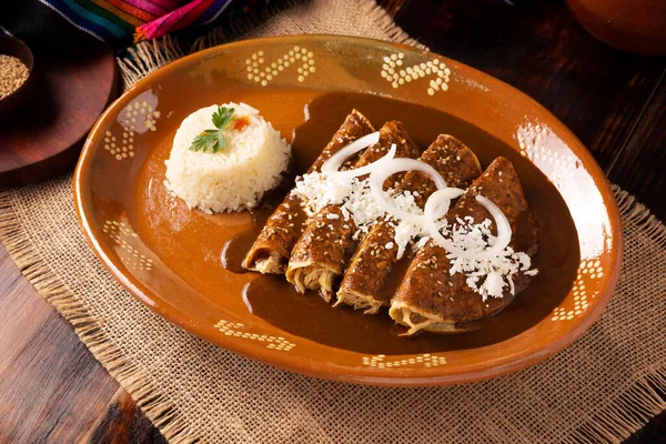 鸡肠通心粉它们也被称为 墨西哥玉米粥 Mole Poblano Enchiladas 是一种典型的墨西哥菜 在墨西哥和世界其他地区非常受欢迎 — 图库照片