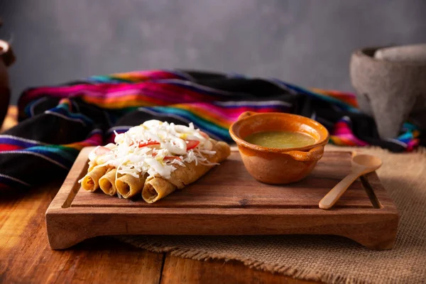 Tacos Dorados Mexican Dish Also Known Flautas Consists Rolled Corn — Stock Photo, Image
