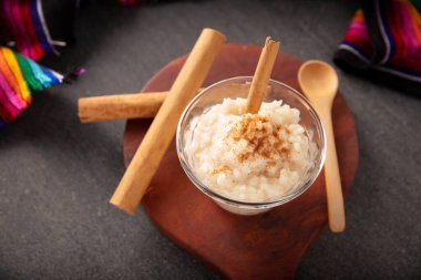 Rice pudding. Sweet dish made by cooking rice in milk and sugar, some recipes include cinnamon, vanilla or other ingredients, it is a very easy dessert to make and very popular all over the world.