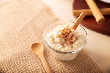 Rice pudding. Sweet dish made by cooking rice in milk and sugar, some recipes include cinnamon, vanilla or other ingredients, it is a very easy dessert to make and very popular all over the world.