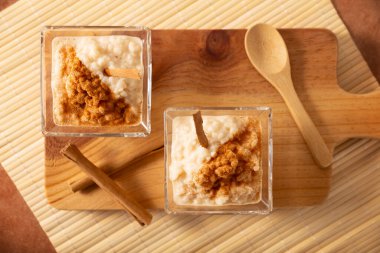 Rice pudding. Sweet dish made by cooking rice in milk and sugar, some recipes include cinnamon, vanilla or other ingredients, it is a very easy dessert to make and very popular all over the world.