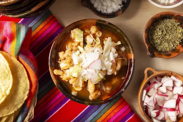 stock image Pozole. Traditional mexican soup very popular in mexico and neighboring countries. Made from cacahuazintle corn with meat and other ingredients depending on the region.