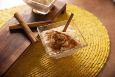 Rice pudding. Sweet dish made by cooking rice in milk and sugar, some recipes include cinnamon, vanilla or other ingredients, it is a very easy dessert to make and very popular all over the world.