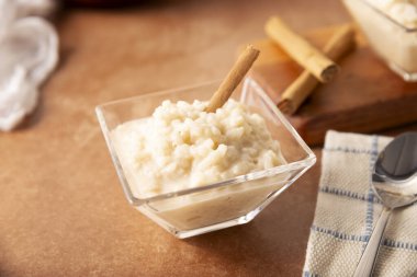 Rice pudding. Sweet dish made by cooking rice in milk and sugar, some recipes include cinnamon, vanilla or other ingredients, it is a very easy dessert to make and very popular all over the world.
