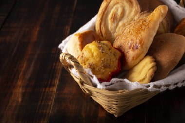 Variety of traditional Mexican sweet bread, Hojaldra, Bisquet, Chino, Oreja, Cacahuate, made by hand, in Mexico it is called Pan Dulce and cannot be missing at breakfast or snack.