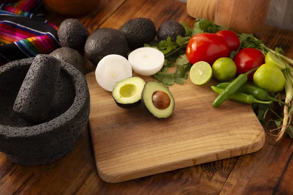 Основні Інгредієнти Приготування Дипу Авокадо Відомого Гуакамоле Зроблений Вулканічному Камені — стокове фото