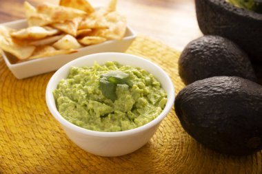 Guacamole. Avocado dip sauce, one of its many ways of consuming it is spread on tortilla chips also called Nachos. Mexican easy homemade sauce recipe very popular. clipart