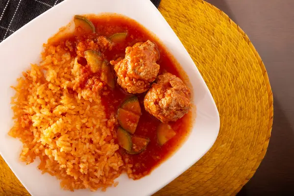 Meatballs Red Rice Mexico Known Albondigas Served Vegetables Light Tomato Royalty Free Stock Images