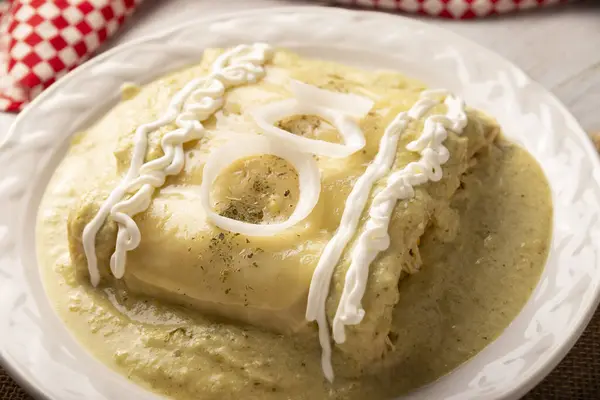 Mexican Food Enchiladas Creamy Green Sauce Filled Shredded Chicken Meat Stock Image