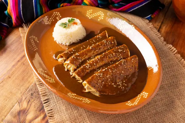 Chicken Enmoladas Also Known Mole Poblano Enchiladas Typical Mexican Dish Stok Resim