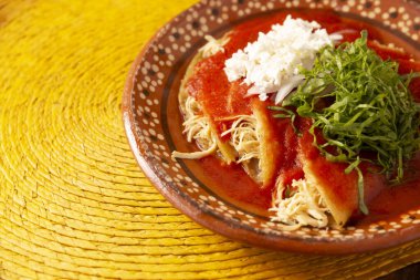 Entomatadas. Enjitomatadas olarak da bilinen, mısır tortilla, domates sosu ve doğranmış tavuk etiyle hazırlanmış tipik bir Meksika mutfağı. Klasik ev yapımı tarif..