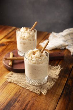 Rice pudding. Sweet dish made by cooking rice in milk and sugar, some recipes include cinnamon, vanilla or other ingredients, it is a very easy dessert to make and very popular all over the world.
