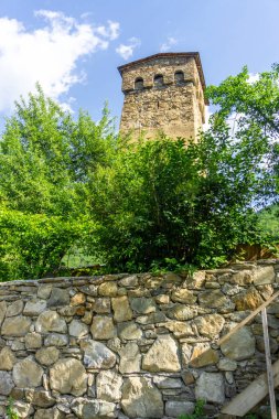 Boşlukları olan ortaçağ savunma taş kulesi. Eski duvarlar. Ağaçlar, yeşil çimenler ve çalılar.