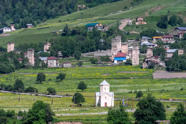 Köyde yasal boşlukları olan ortaçağ savunma taş kuleleri. Sarı çiçekli tarla. Öndeki beyaz kilise.