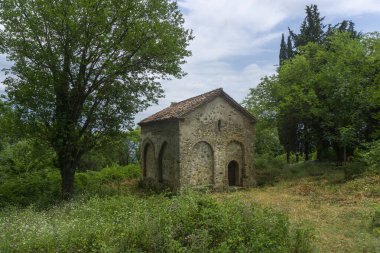 Vejini köyünün kemerli duvarları olan küçük kilise ağaçlar ve çalılarla çevrili bir çayırda duruyor. Turuncu çatı döşemesi. Bulutlu mavi gökyüzü. Vejini köyü, Georgi.