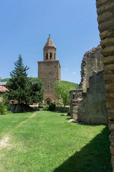 Manastır avlusu. Yeşil çimlerin üzerindeki eski kilisenin kalıntıları. Taş kule duvarı. Brick Bell Kulesi. Gün ışığı, mavi gökyüzü. Ninotsminda Manastırı, Georgia. 