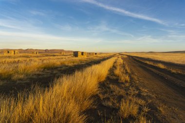 Evening view of an earthen road through the savannah and an abandoned village. Bright blue sky with clouds, orange grass and unfinished houses. Low mountains around. Georgia. clipart