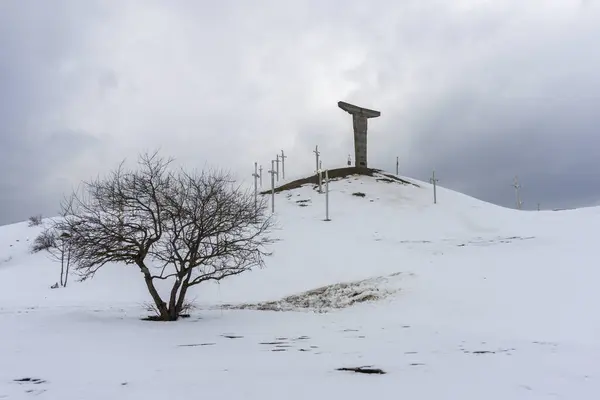 stock image Didgori battle memorial, Georgia. Winter and snow, overcast. Giant swords stuck in the ground. Monument on the hill.