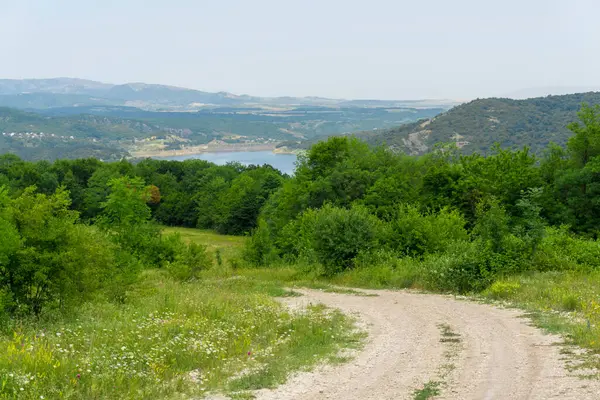 Algeti rezervuarına giden toprak yol. Yeşil çalılar ve ağaçlar. Dağlar, mavi gökyüzü