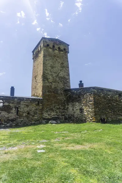 stock image Stone walls, loopholes of Lamaria monastery. Fortress towers of the village of Ushguli.