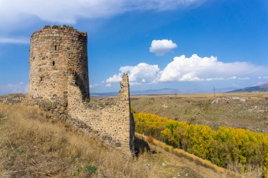 Yuvarlak kule ve Akhalkalaki kalesinin kalıntıları. Sonbaharın altın rengi.