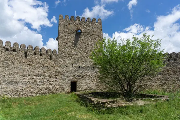 Ortaçağ kale duvarı ve kulesi. Gün ışığı, mavi gökyüzü ve bulutlar. Chailuri Niakhura Kalesi, Georgia