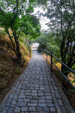 Narikala kalesinin yakınındaki ağaçların arasında fener ve parmaklıkların bulunduğu taş bir patika tepenin zirvesine çıkıyor.