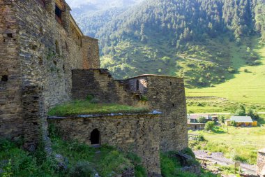 Ortaçağ köyü Shatili 'de yaşıyor. Orman, dağlar ve arka planda kamp.