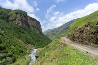 Terek nehri ve toprak yol dağların arasında bir vadide kayaların arasında. Çevrede yeşil çimenler ve çalılar