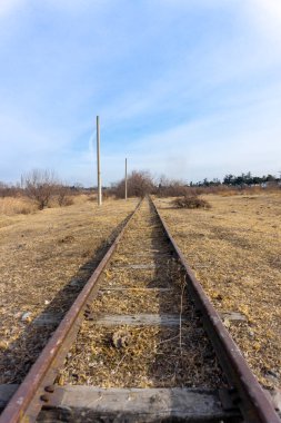 Eski paslı demiryolu rayları perspektife giriyor. Sütunlar sağ tarafta. Sarı çimenler, çalılar ve mavi gökyüzü