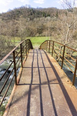 Tedzami Nehri üzerinde parmaklıkları olan paslı bir demir köprü yeşil çimlerle kaplı bir açıklığa çıkar. Arka planda dağlar var.