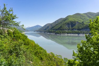 Aragvi Nehri 'ndeki Zhinvali su deposu ağaçların yaprakları arasında. Yeşil çimenler, mavi gökyüzü, arka planda dağlar.