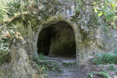 Dallar ve otlarla çevrili kayadaki yapay mağaraya giriş. Girişlerden biri ve...