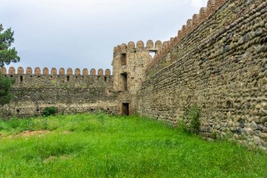 Ortaçağ taş kale duvarında boşluklar ve köşede bir kule var. Giriş ve pencere görülebilir durumda. Yeşil çimen