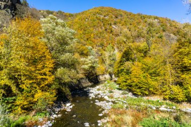 Khrami Nehri, sonbahar ağaçlarıyla kaplı tepeler arasındaki bir vadide kayaların üzerinden akar. Sonbaharın altın renkleri, parlak güneş ve mavi gökyüzü