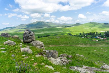 Tepenin tepesindeki yeşil çimlerin arasında kocaman taşlar. Köy evlerinin çatıları, dağlar, orman, arka planda mavi gökyüzü.