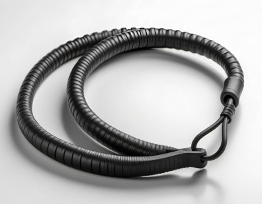 Beyaz bir yüzeye düzgünce sarılmış anti-statik bir bilek kayışının yakın çekimi. Üretici yapay zeka