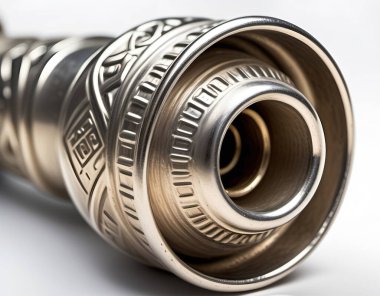 İtfaiyecinin hortum hortumunun yakın görüntüsü. Temiz beyaz bir arkaplandaki donanımın ayrıntılarıyla dolu. Üretici yapay zeka