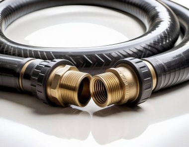 Bir itfaiyecinin hortumunun yakın görüntüsü. Pirinçten bağlantıları ve temiz beyaz arka planda sarılmış lastikleri var. Üretici yapay zeka