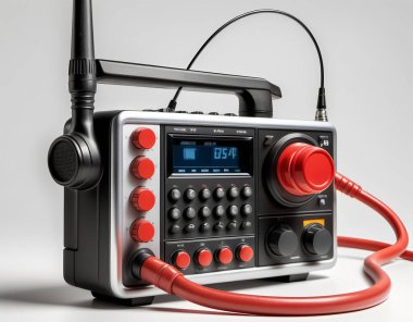 Closeup view of a firefighter's radio with an extended antenna and rugged design on a clear white background. Generative AI clipart