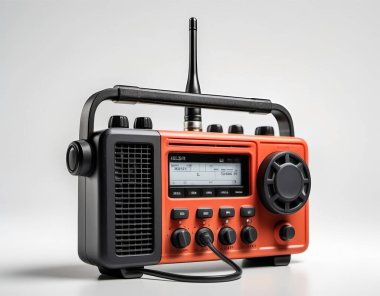 Closeup view of a firefighter's radio with an extended antenna and rugged design on a clear white background. Generative AI clipart