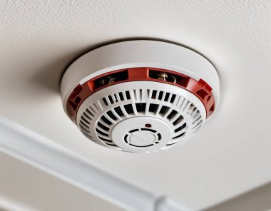 Bir itfaiyecinin duman dedektörünün yakın görüntüsü sağlam bir tasarıma sahip ve beyaz arka planda genişletilmiş bir kolu var. Üretici yapay zeka