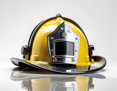 Pürüzsüz bir yüzeyi ve parlak beyaz bir arka planı olan itfaiyeci kaskının yakın görüntüsü. Üretici yapay zeka