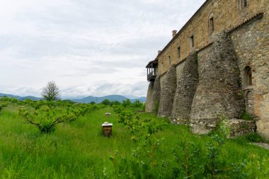 Kuleleri ve yasal boşlukları olan dış kale duvarı, Alaetti manastırının yerleşim binaları. Arı kovanları ve çalılarla dolu yeşil bir alan. Bulutlu gökyüzü
