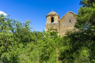 The small church on the hill among bushes and trees is part of the Shio-Mgvime monastery. The bright blue sky in the background. clipart