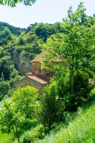 Shio-Mgvime manastırı ağaçlarının arasında turuncu kiremit çatılı kilise. Parlak mavi gökyüzü, kaya, arka planda ağaçlar ve çalılar olan dağlar.