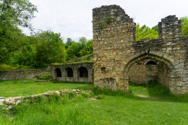 Ikalto Akademisi 'nin akademi binası ve şaraphanesi. Taş duvarlar. Kemerli pencereler ve oyuklar. Yeşil çimen, bulutlu gökyüzü.