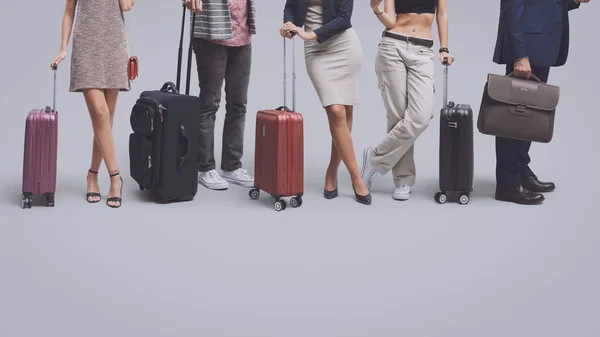 Traveling People Trolley Bags Standing Line Blank Copy Space Travel — Stock Photo, Image