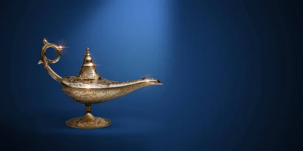 Mavi Arka Planda Değerli Altın Sihirli Lamba Peri Masalları Dilek — Stok fotoğraf