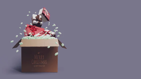 Bellissimi Regali Natale Che Escono Una Scatola Consegna Auguri Natale — Foto Stock